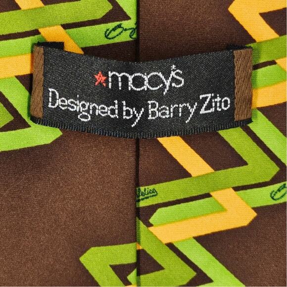 MACY'S x BARRY ZITO NECK TIE – 4" BROWN WITH GREEN AND YELLOW ZIG ZAG DESIGN - Picture 8 of 8
